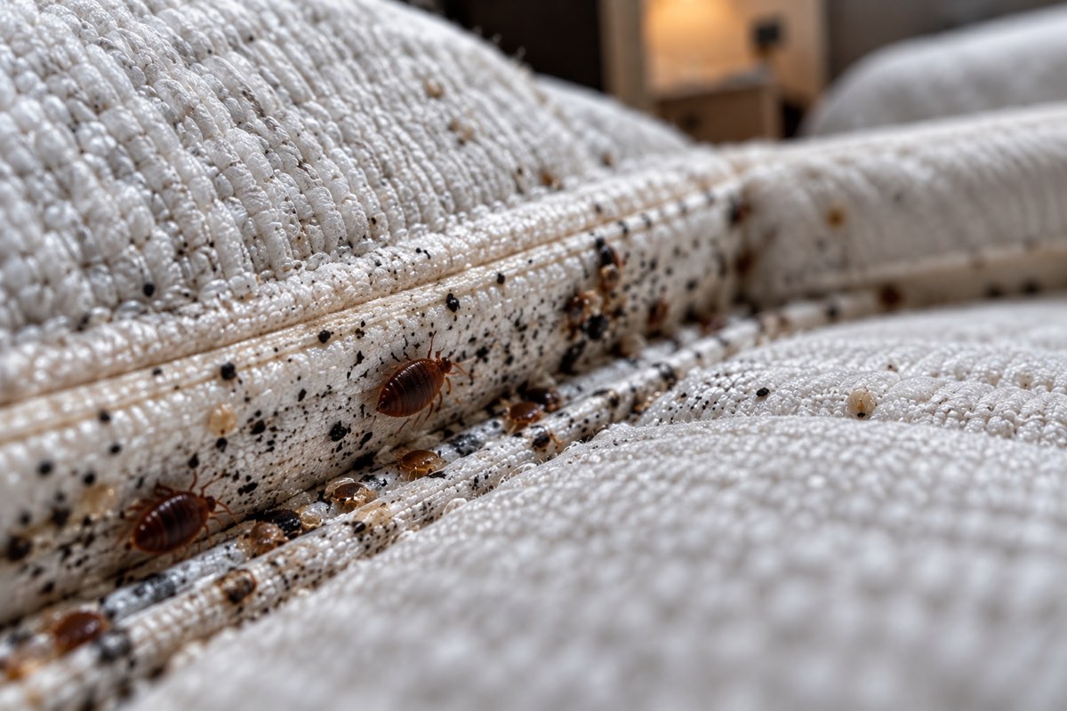 Traces de déjections et punaises de lit le long de la couture d’un matelas